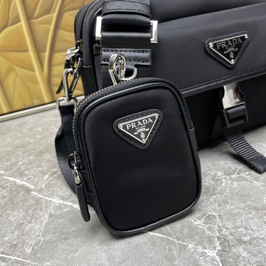 Prada black crossbody bag with front mini pouch and adjustable strap