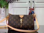 Louis Vuitton monogram crossbody bag with tan strap and gold hardware, front view