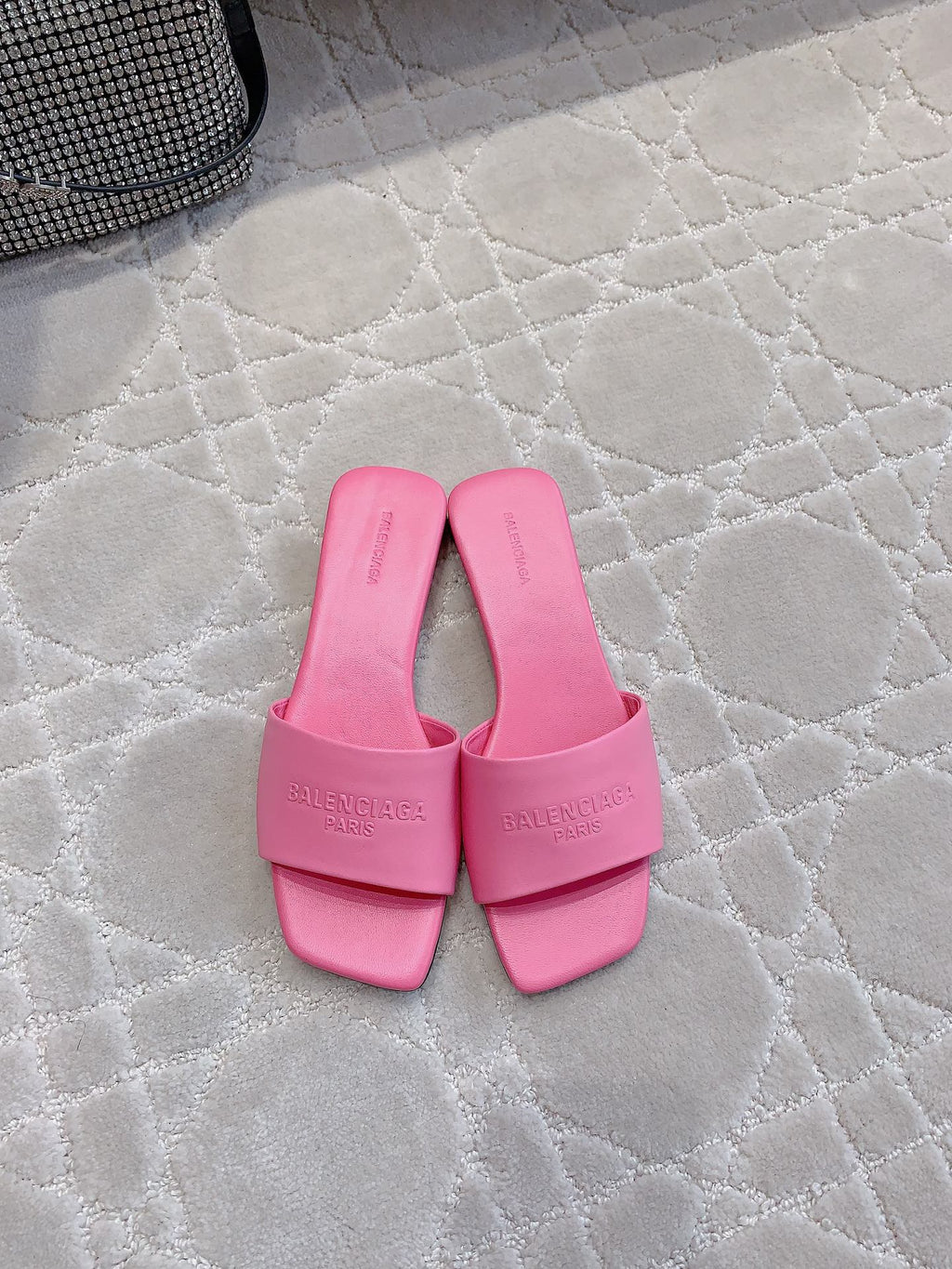 Pink Balenciaga slide sandals, two wide straps, open toe