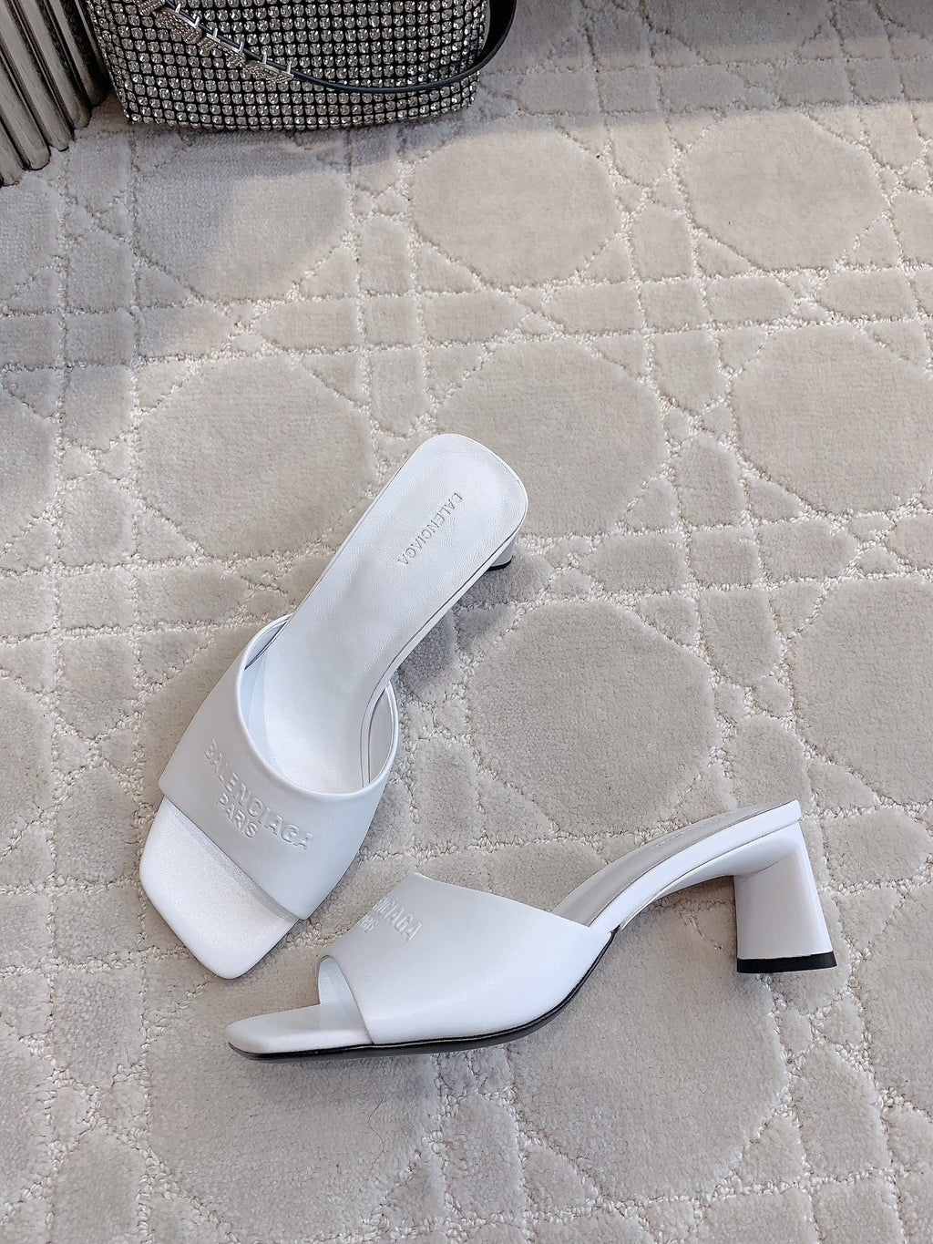 Balenciaga white slide sandals with square toe and black block heel