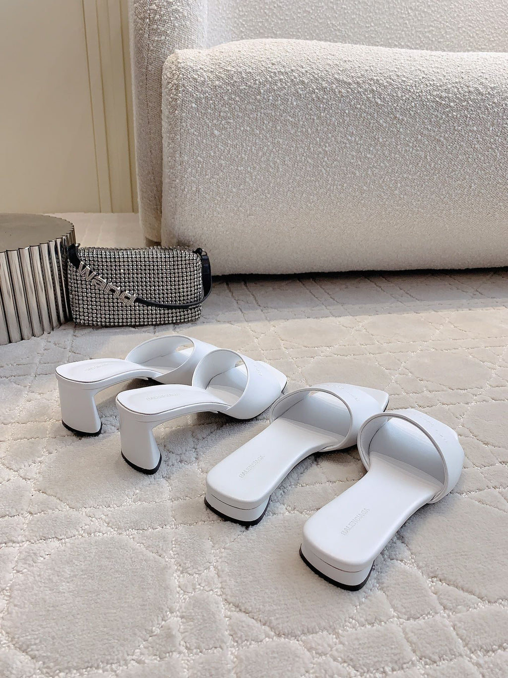 Balenciaga white slide sandals with chunky block heels, pair view