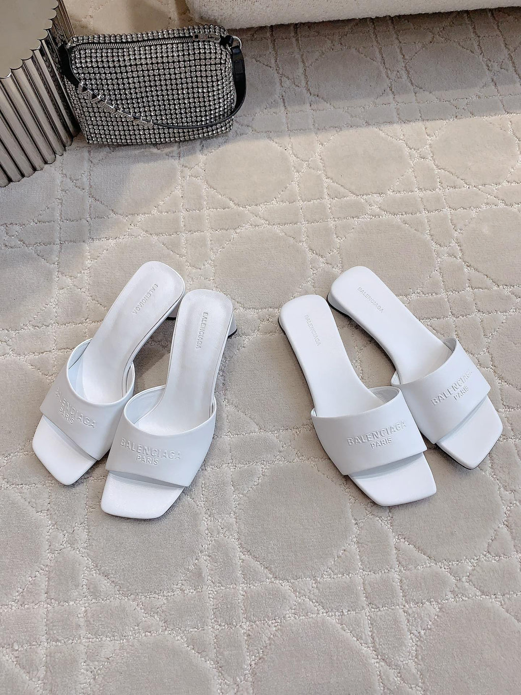 Balenciaga white slide sandals with wide upper and block heel
