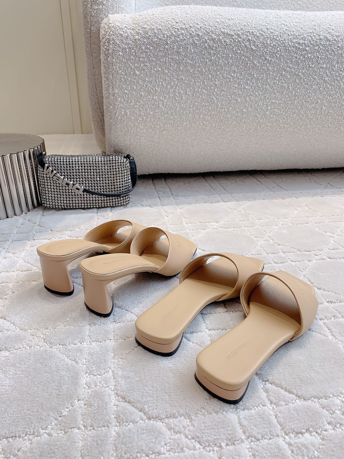Beige block-heel slide sandals, pair