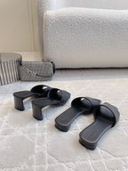 Balenciaga slide sandals set, dark open-toe mules with block heel and wide straps