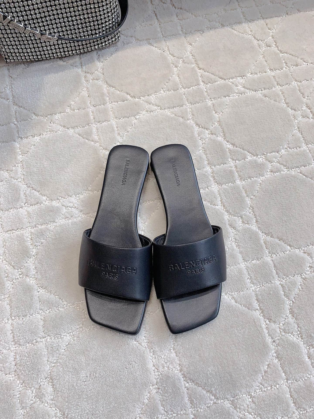 Balenciaga slide sandals, dark open-toe mules with wide strap and logo detail