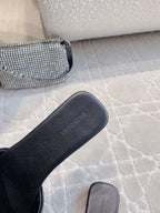 Balenciaga slide sandals, dark footbed with engraved logo and curved strap opening