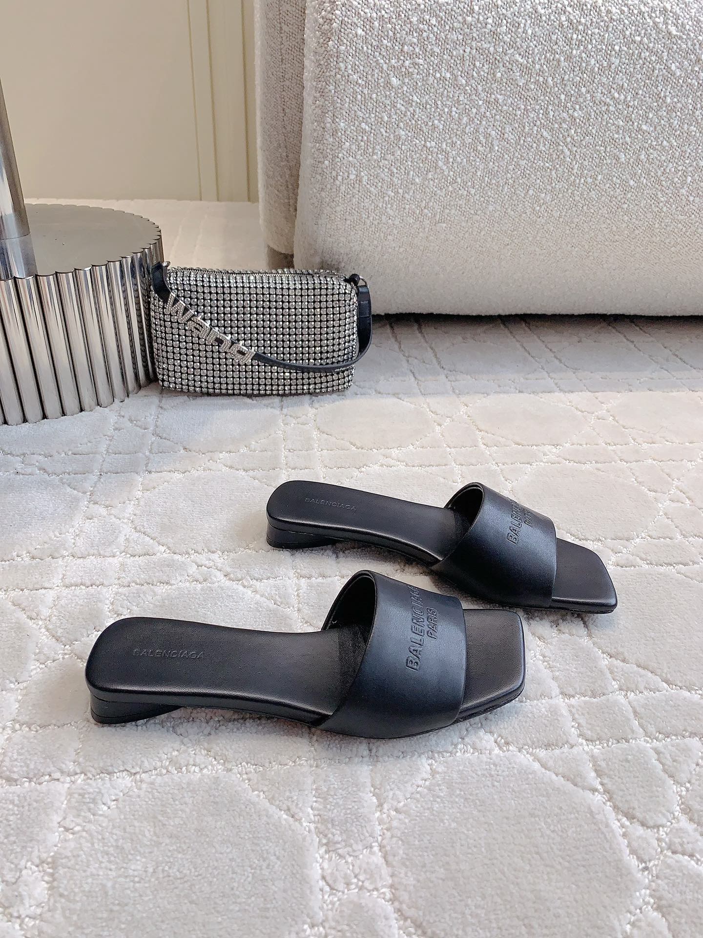 Balenciaga slide sandals, dark leather-look with block heel and wide crossover strap