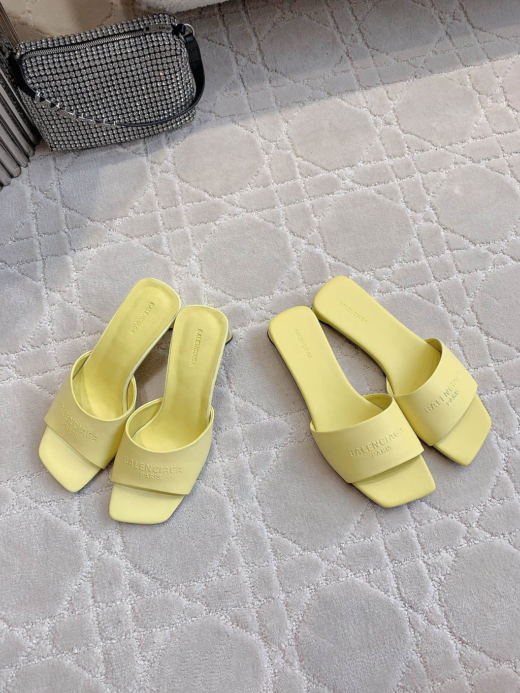 Yellow leather slide sandals with square toe and wide block heel
