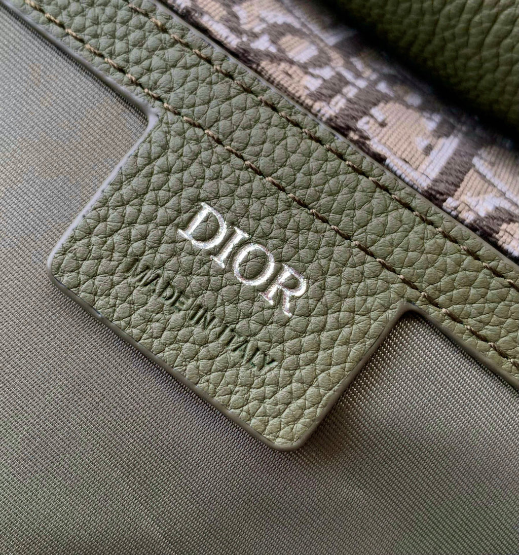 Olive green leather cardholder-style panel with embossed DIOR logo