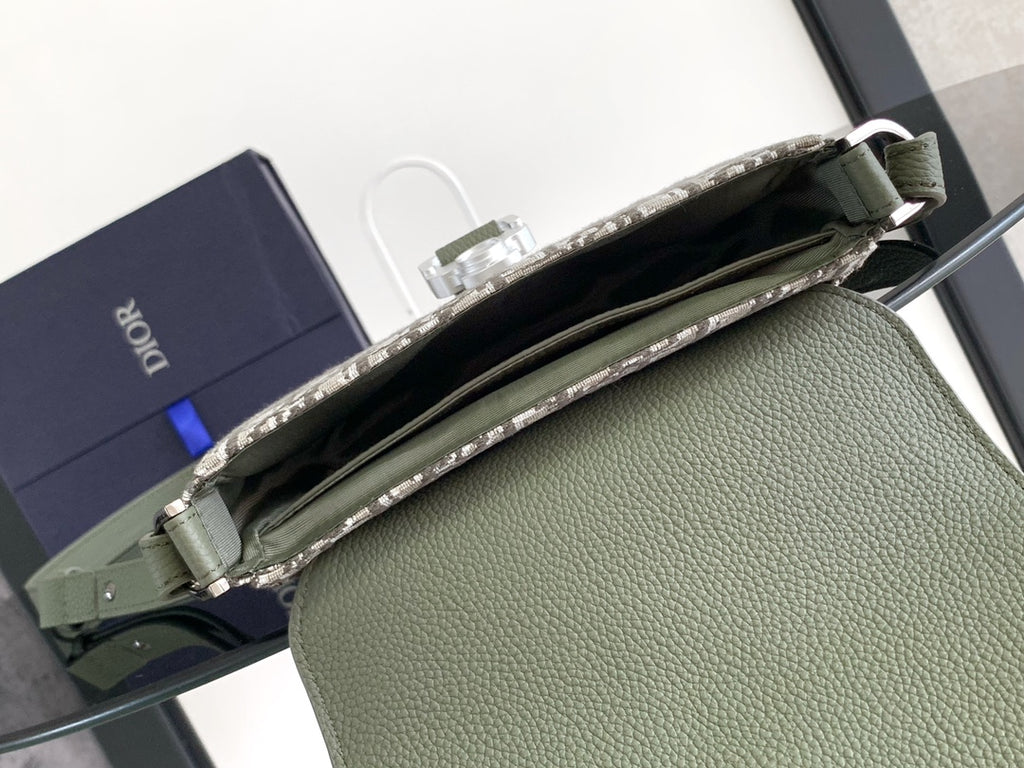 Open view of olive green mini bag with Dior-style jacquard interior trim