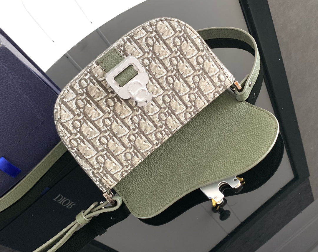 Olive green and beige Dior-style mini shoulder bag with jacquard top flap and strap