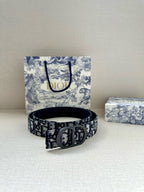Dior monogram belt with dark navy patterned strap and silver-tone oval buckle