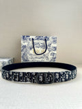 Dior monogram belt with black leather edge and dark navy patterned strap