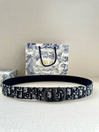 Dior monogram belt with black leather edge and dark navy patterned strap