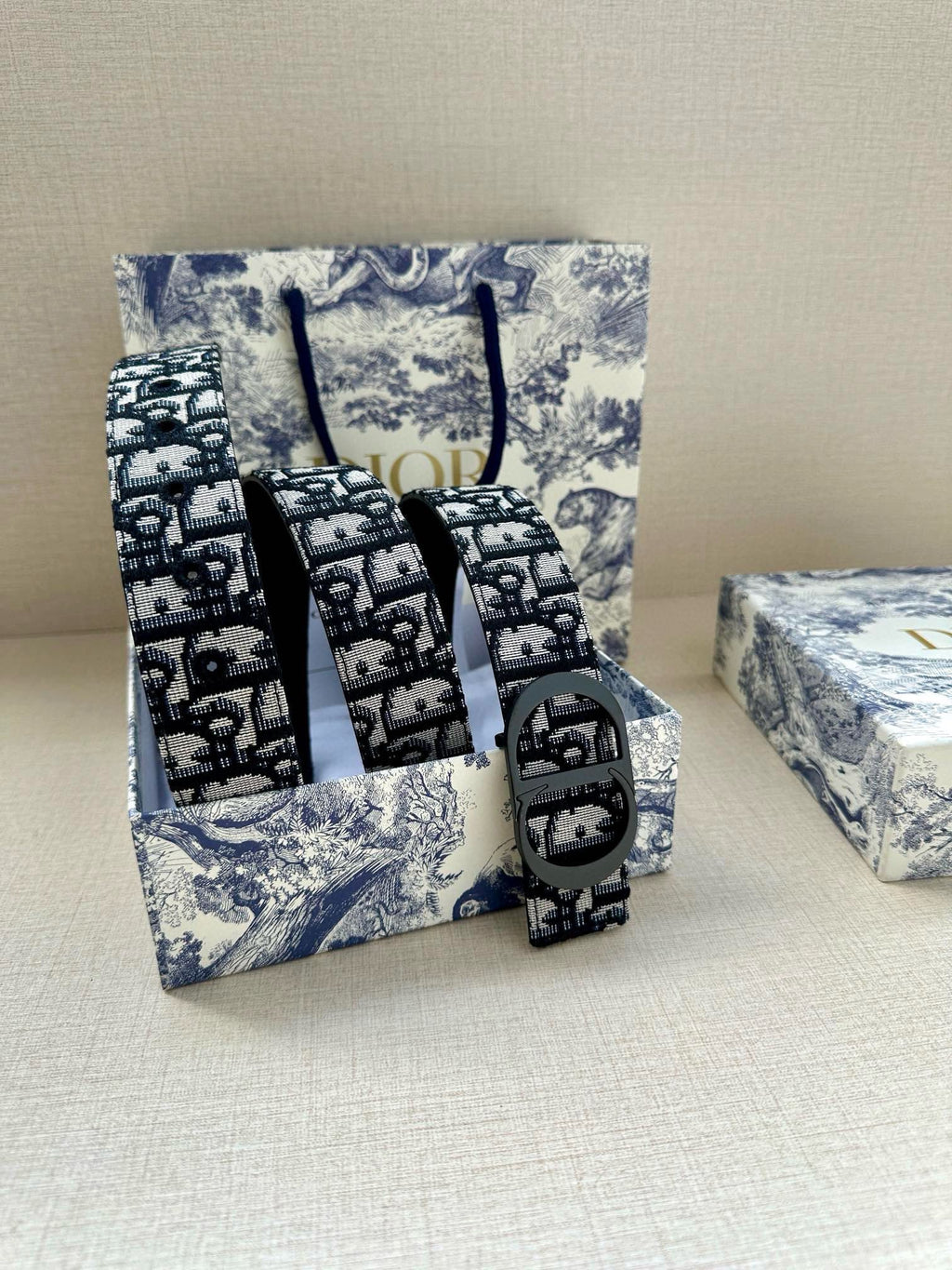 Dior monogram belt set with navy patterned straps and silver-tone oval buckles