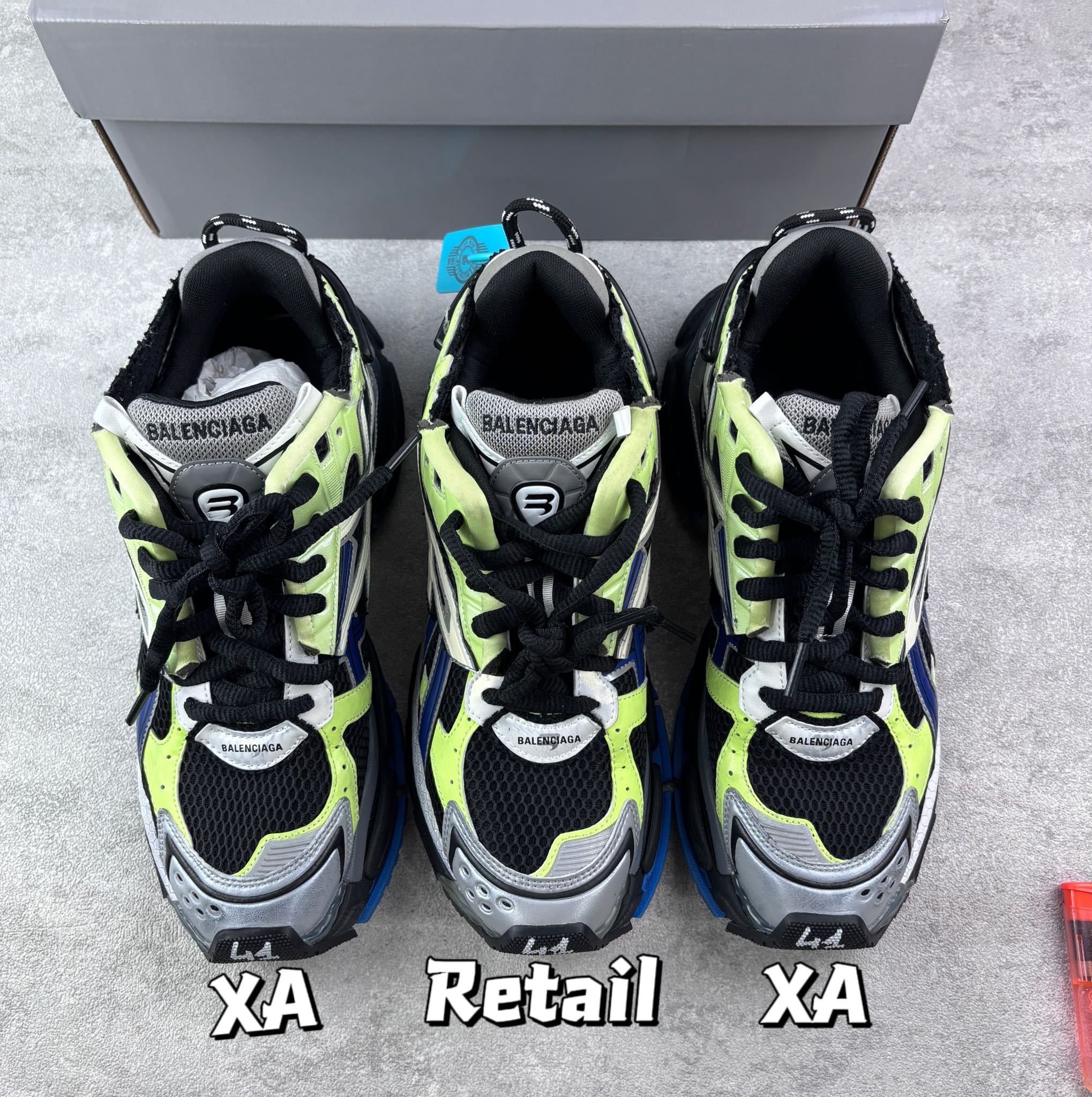 Balenciaga unisex sneakers in neon green and black, chunky sole, lace-up with logo patch