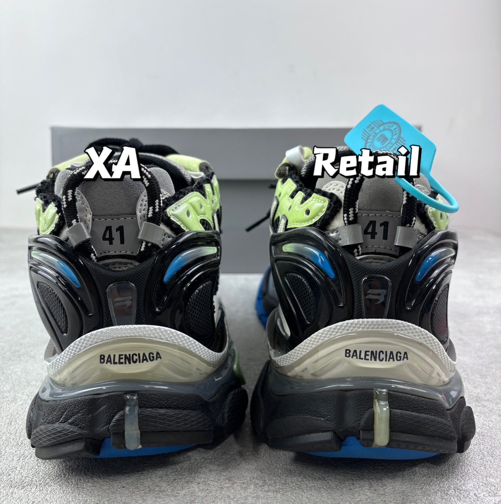 Balenciaga sneakers heel view, black mesh with blue accents and Balenciaga heel label