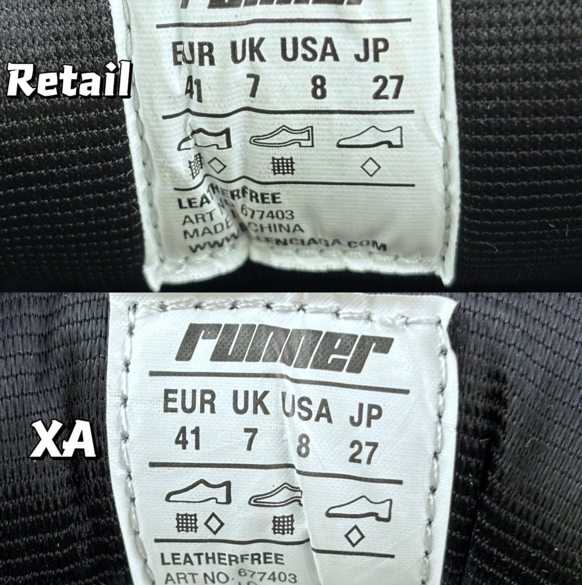 Balenciaga Puma size label: Leatherfree, EU/UK/US/JP markings on sneaker tongue