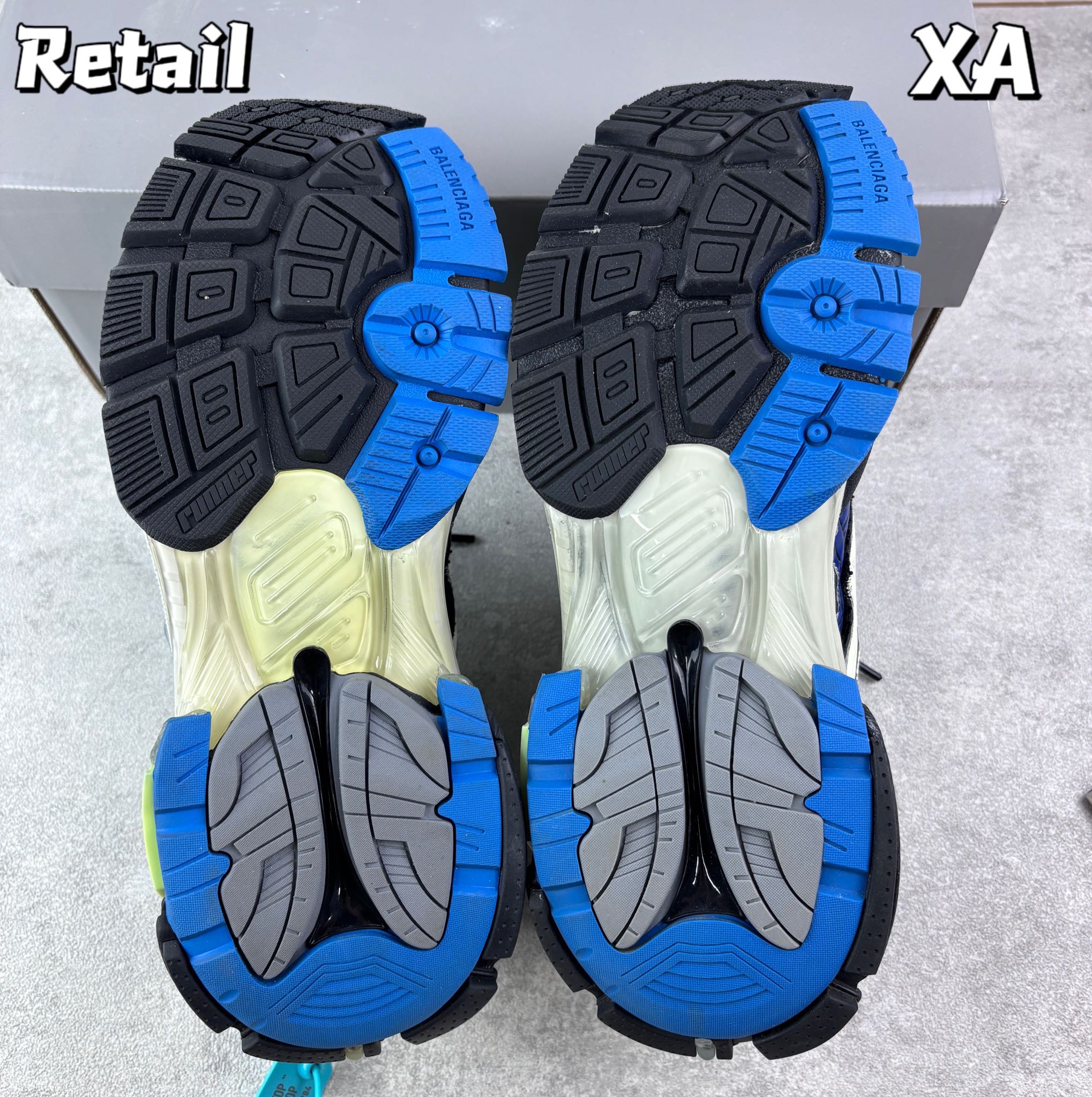 Balenciaga sneaker outsoles with textured tread, blue and black rubber, white inserts