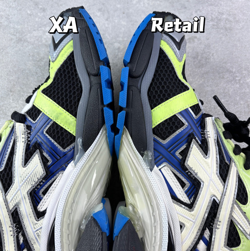Balenciaga sneakers side view, lime green and blue panels with chunky white sole, lace-up