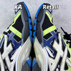 Balenciaga sneakers side view, lime green and blue panels with chunky white sole, lace-up