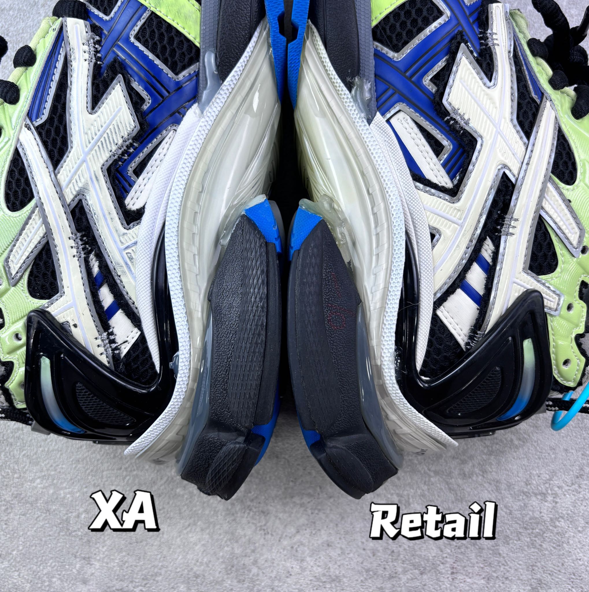 Balenciaga sneaker midsoles and outsoles, thick white/black cushioning with blue details