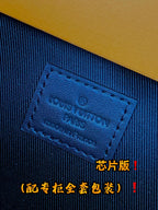 Louis Vuitton logo leather tag stitched on dark fabric