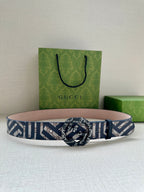 Gucci monogram fabric belt in navy and white with black buckle and light pink lining