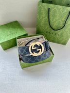 Gucci belt in gift box: dark blue GG canvas with gold-toned buckle
