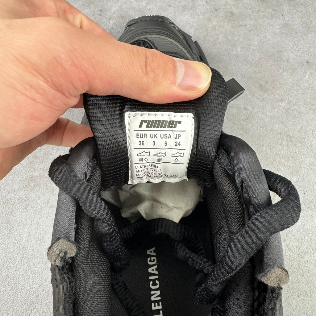 Balenciaga unisex black sneaker size label inside, with runner text and UK/US details