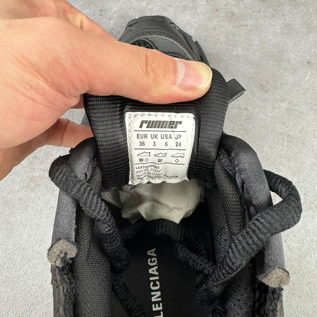 Balenciaga unisex black sneaker size label inside, with runner text and UK/US details