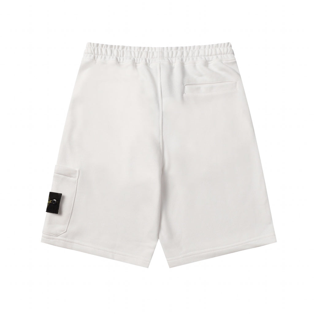 White shorts with elastic waist, front drawstring, and side cargo-style pocket