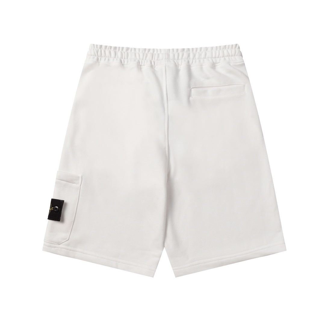 White shorts with elastic waist, front drawstring, and side cargo-style pocket