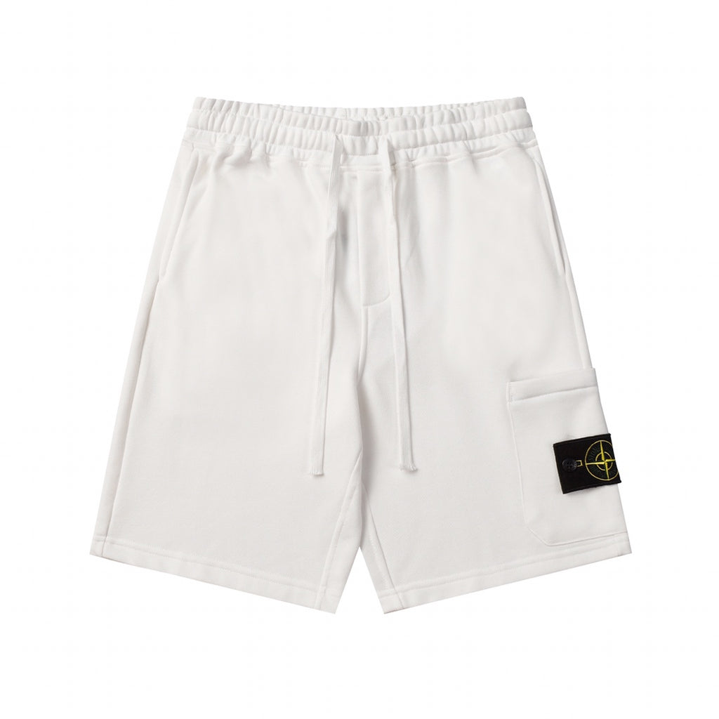 White drawstring shorts with elastic waistband and side pocket detail