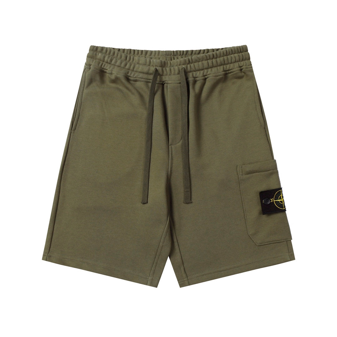 Stone Island olive drawstring shorts with elastic waistband and side cargo pockets
