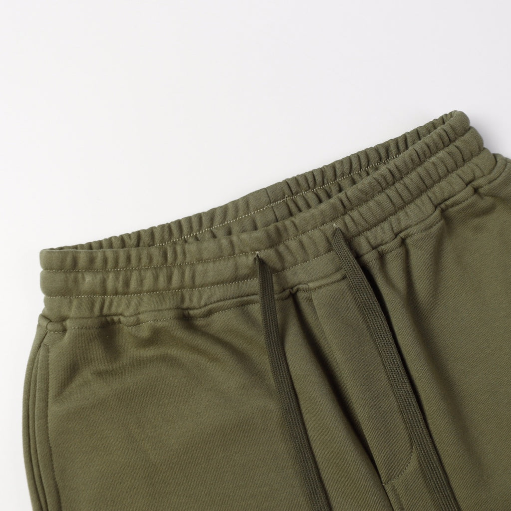 Olive drawstring shorts front with elastic waistband and drawstring ties
