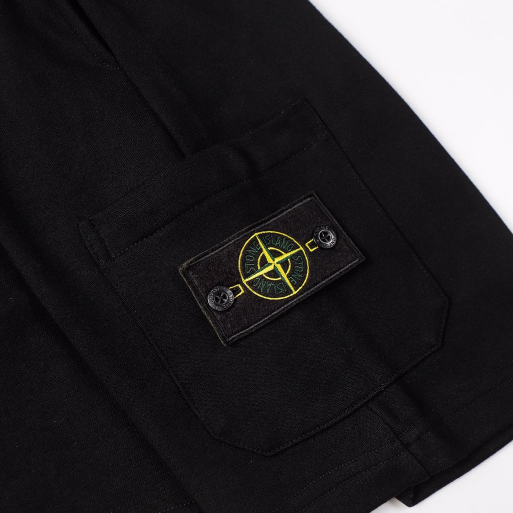 Black shorts with stitched front pocket and patch logo detail