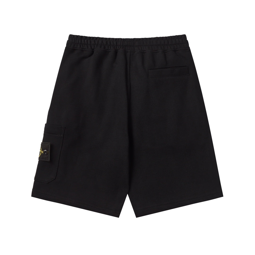 Black shorts with cargo-style side pockets and elastic waistband