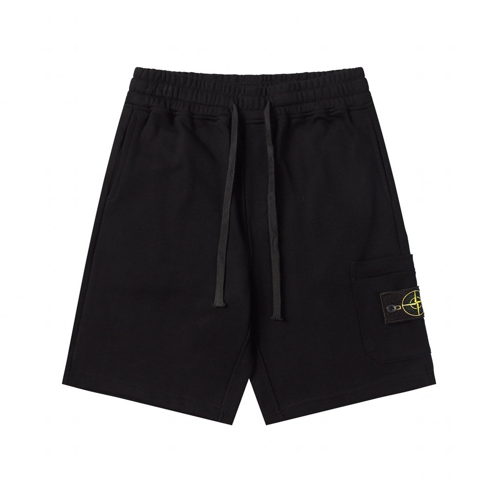 Black drawstring shorts with elastic waistband and side pockets