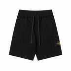 Black drawstring shorts with elastic waistband and side pockets