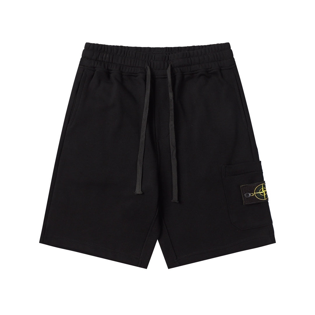 Black drawstring shorts with elastic waistband and side pockets