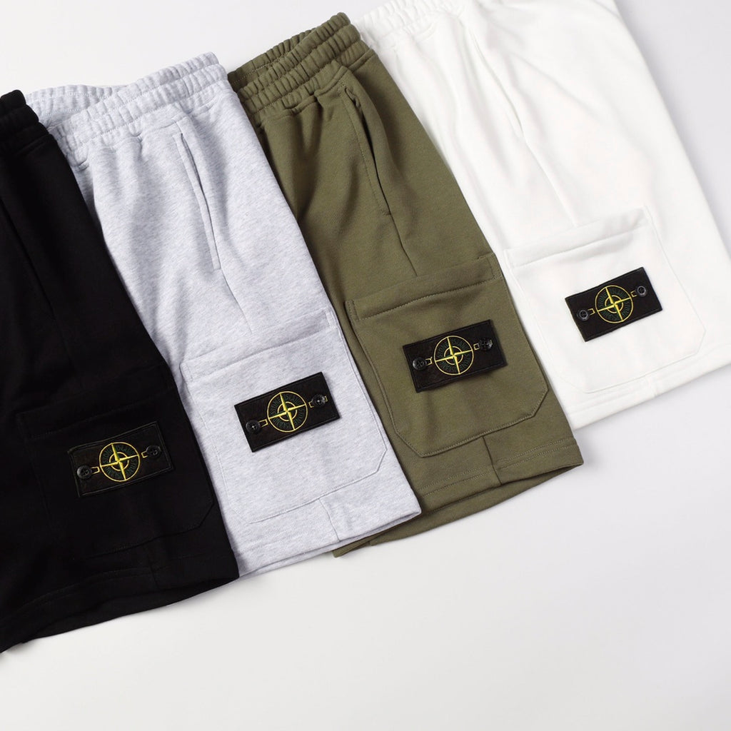 Stone Island jogger pants set, black, gray, and olive with logo patches