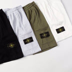 Stone Island jogger pants set, black, gray, and olive with logo patches