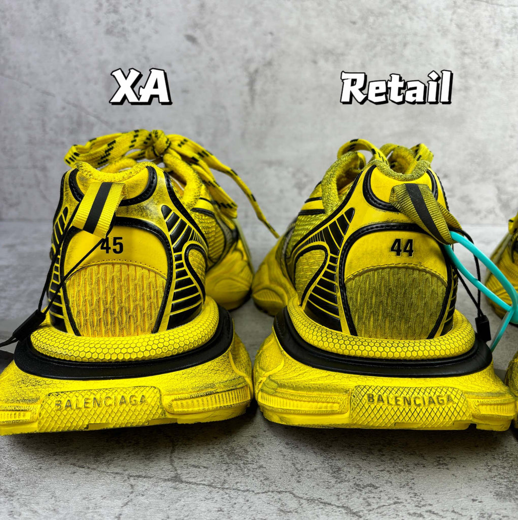 Balenciaga unisex yellow sneakers, heel-back view with BALENCIAGA logo on sole