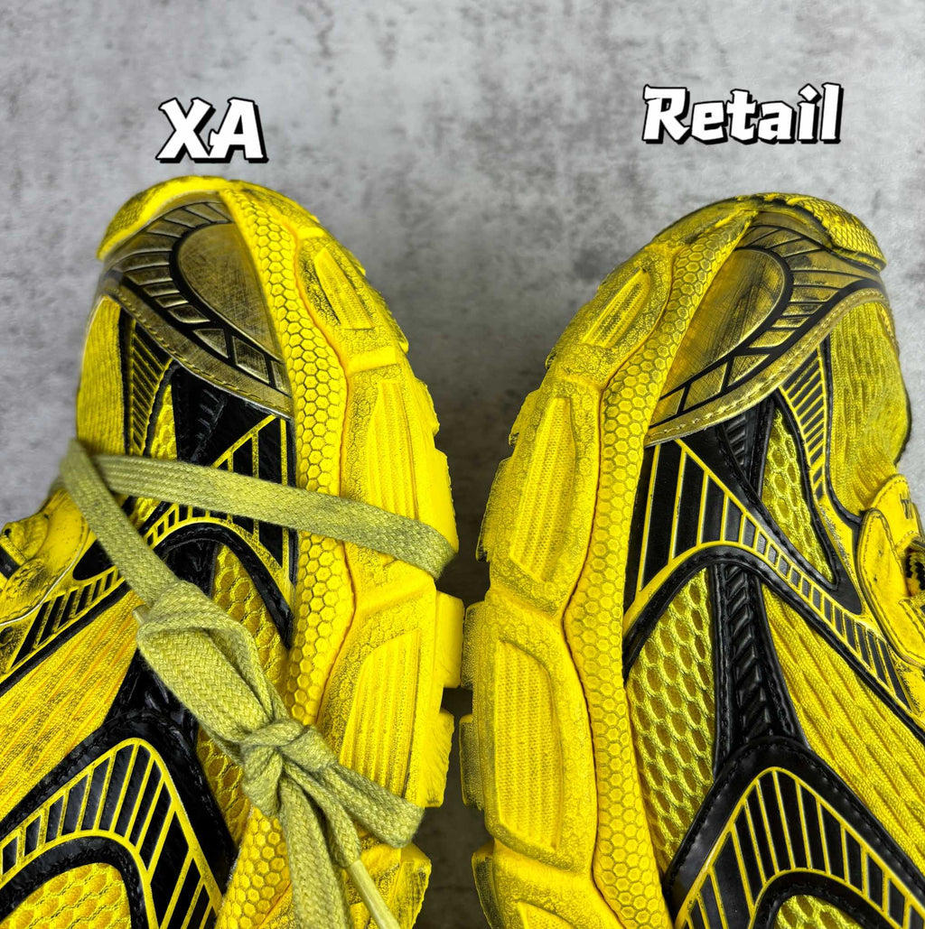 Balenciaga unisex yellow sneakers, close-up of heel and outsole with black design lines