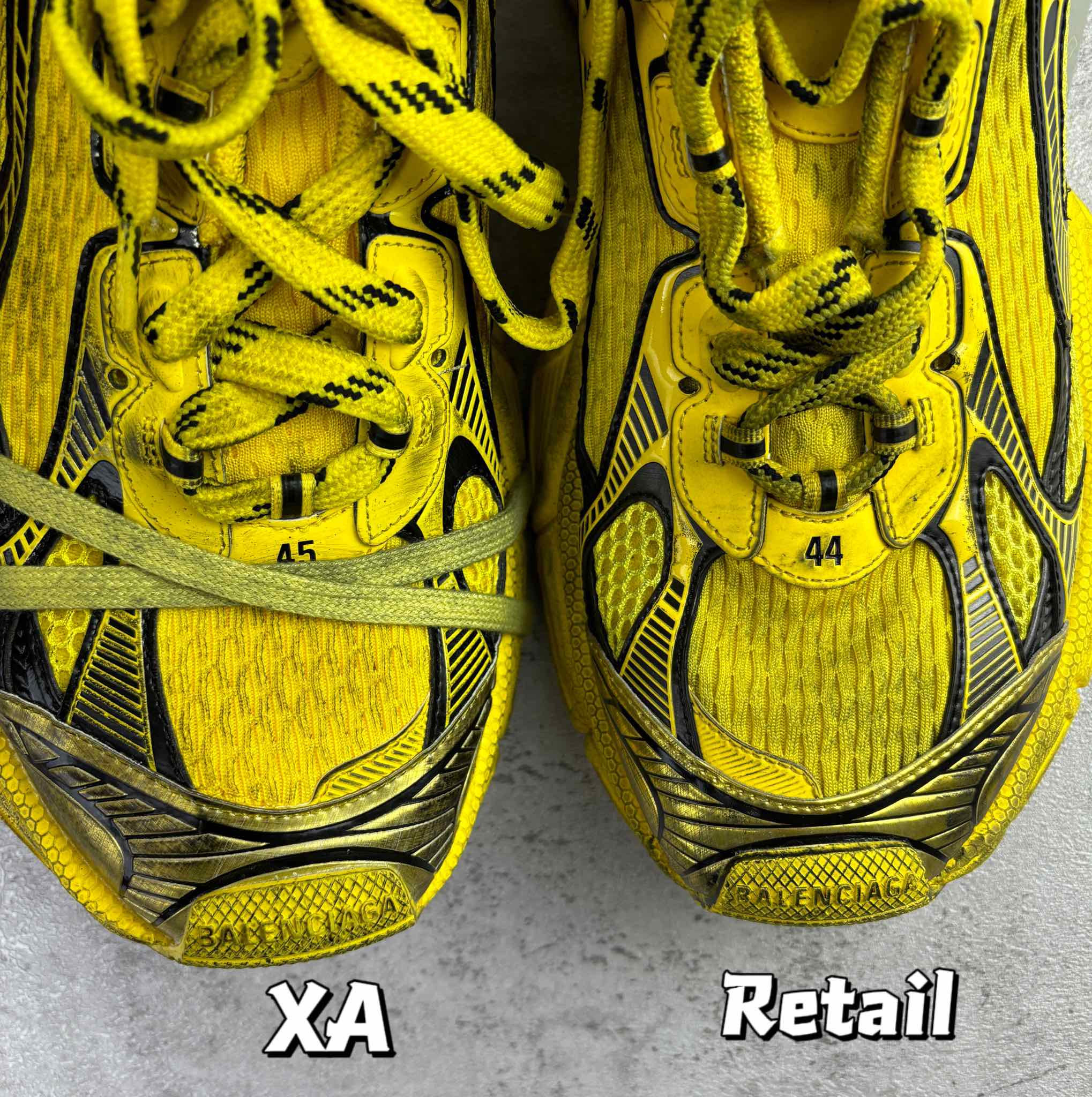 Balenciaga unisex yellow sneakers, close-up of toe, laces, and black trim