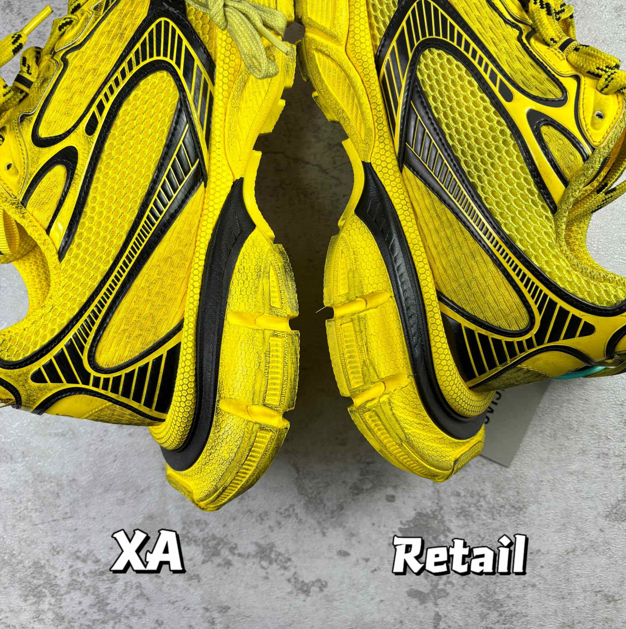 Balenciaga unisex yellow sneakers, close-up of side panels and black accents