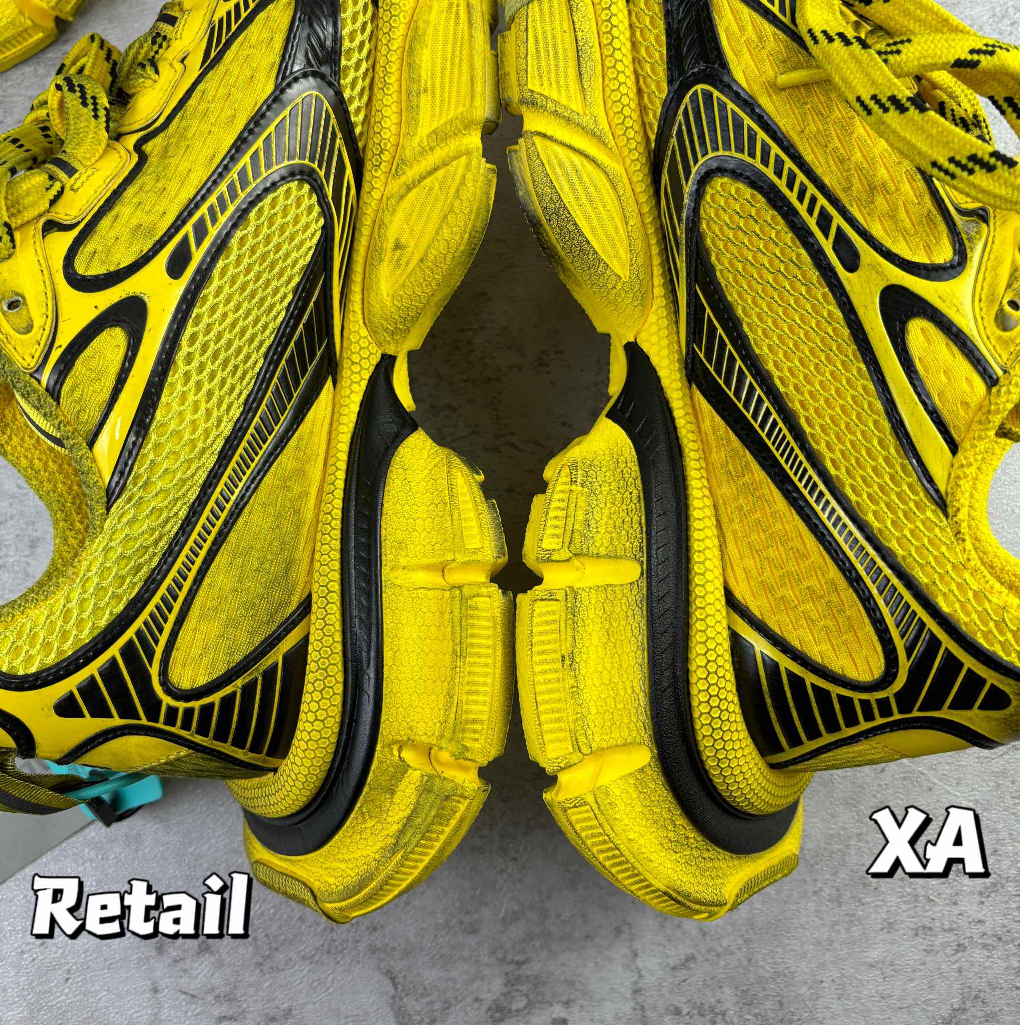 Balenciaga unisex yellow sneakers, close-up of tongue and lace-up front with black stripes