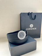 Versace belt dark blue leather with embossed texture and round gold-tone buckle