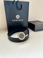 Versace belt in dark blue leather with round gold-tone logo buckle